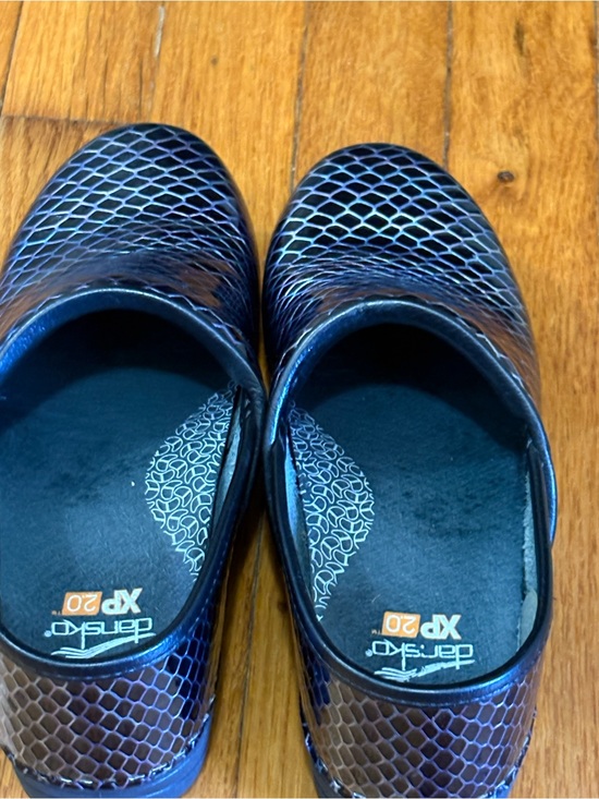 Dansko Shoes - Dansko navy blue with iridescent Snakeskin Slip-On Clogs size 37